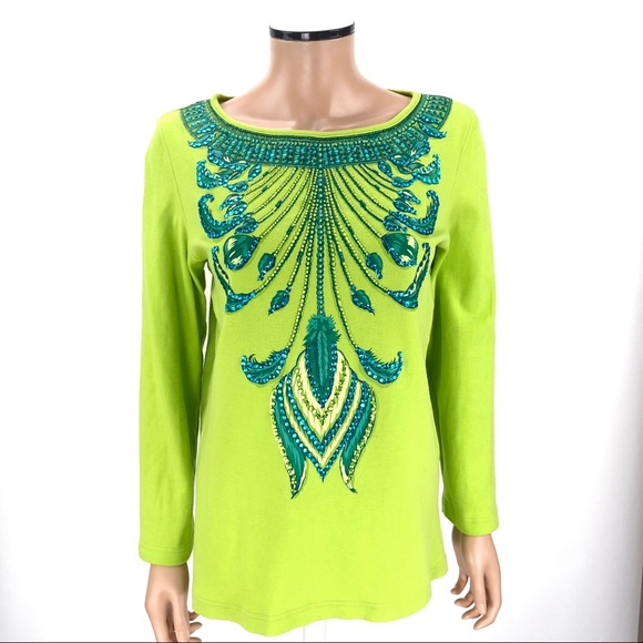 DIANE'S ESSENTIALS Top Embellished SIZE SMALL Lime Green Beaded Sequins Shirt - Picture 3 of 8